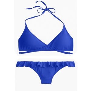 J. Crew Wrap front Halter Ruffle Hipster Bikini in Bistro Blue Size XL NWT